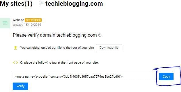Propeller Ads Meta Tag To Verify Blogger Website