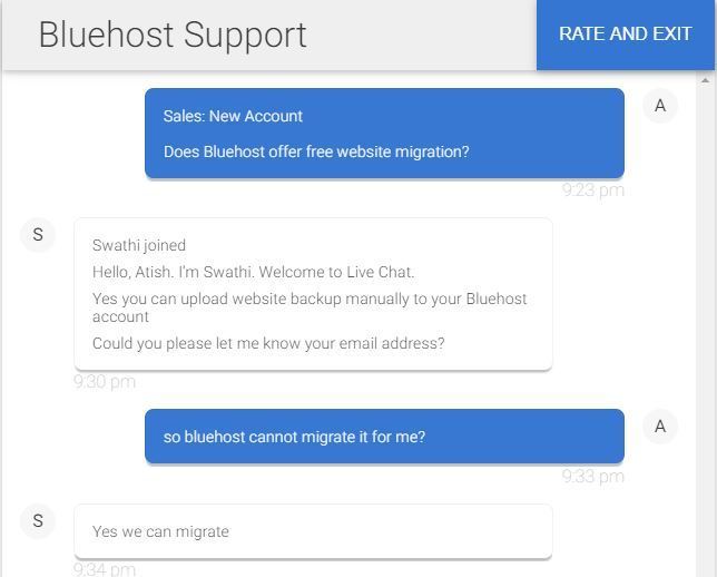 Bluehost Chat For Migration Query