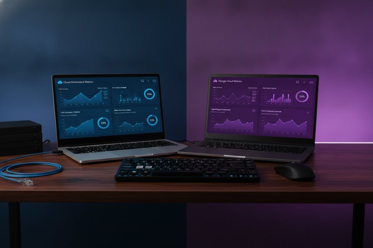 Cloudways vs Kinsta comparison laptops displaying server performance dashboards